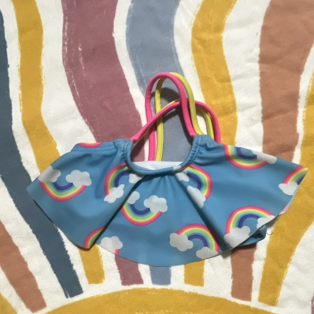 Wonder Nation Girls Bikini Swim Top rainbow Print Blue Multicolor 12M Lined